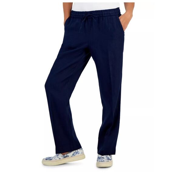 Charter Club Women’s 100% Linen Wide Leg Pants Blue Pull-On Sz L NWOT - Picture 1 of 9